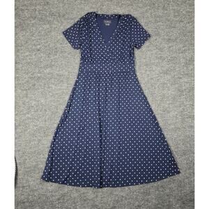 L.L. Bean XS Polka Dot Wrap Style Dress Navy Blue Short Sleeve A-Line Midi